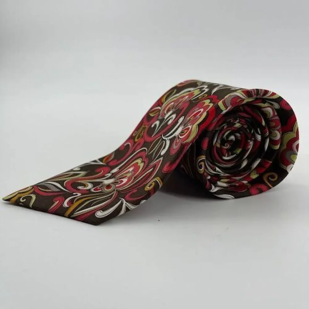 Vera Bradley for Baekgaard Men's 100% Silk Tie Floral Swirl Pattern Red Brown‎